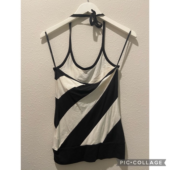 Backless top w/ black & white pattern. Straps that tie to the back of your neck. - Picture 2 of 2